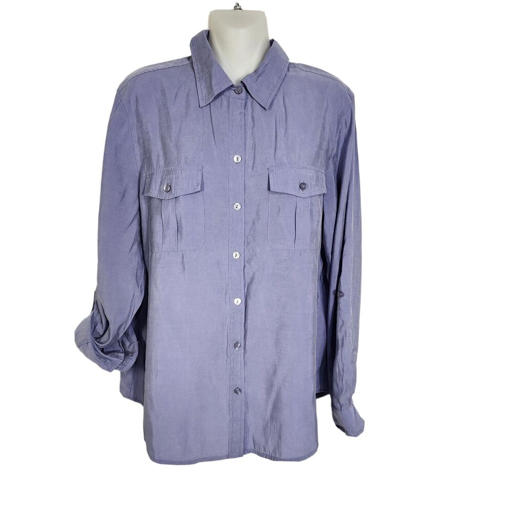 Chicos Womens Blouse Size 1 Medium Silky Chic Sophia Roll Tab Long Sleeve Button